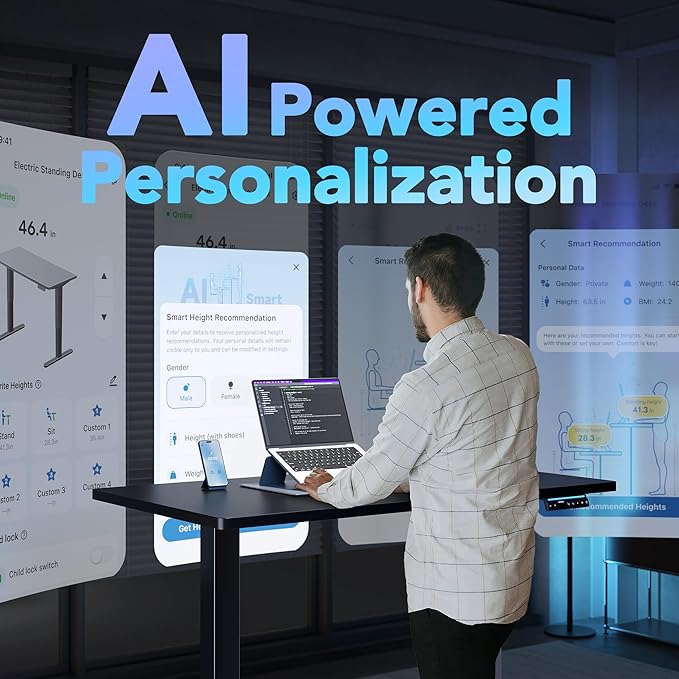 HUANUO One-Piece AI-Powered Electric Standing Desk, Smart APP, Work with Alexa & Google, Adjustable Height, 3 Memory Settings, Sedentary Reminder, Ergonomic Sit-Stand Desk, 32-inch, Black
