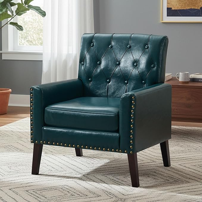 Mid Century Modern Accent Chair, Blue Faux Leather Office Chair for Reception - Tufted Leather Club Chair for Living Room, Bedroom, or Waiting Room