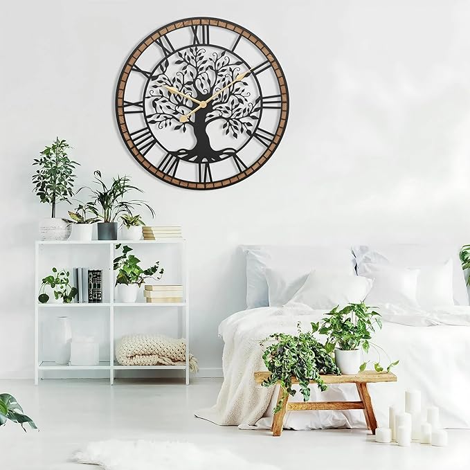 Micasso Rustic Oversize Wall Clock: 35Inch Farmhouse Tree of Life Metal with Wood Frame - Vintage Battery Operated Wall Clocks for Bedroom/Fireplace/High-Ceiling - Home Decor for Interior Designers