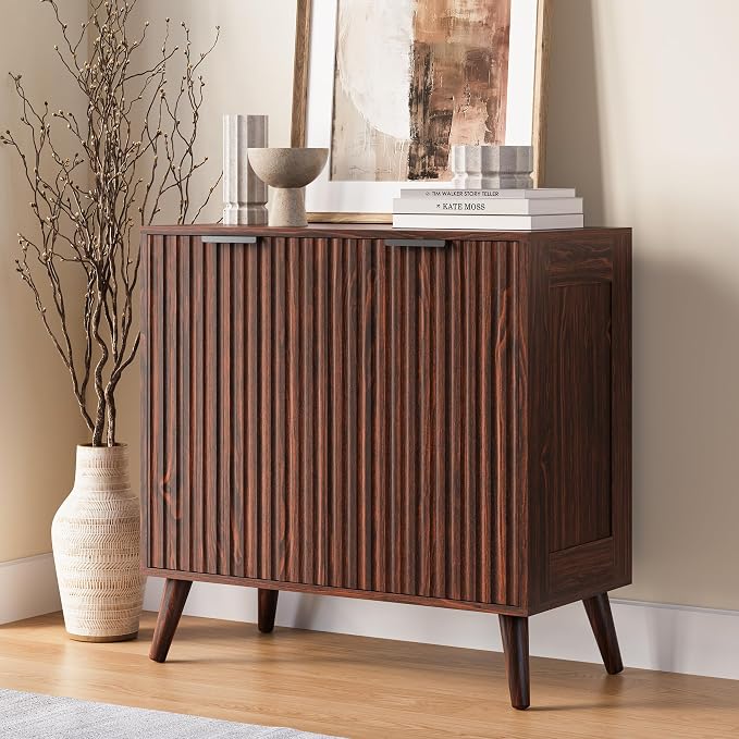 Set of 2 Fluted Sideboard Buffet Cabinet, 63" Mid Century Modern Storage Cabinet with Adjustable Shelves & 4 Doors, Accent Cabinet for Dining Room & Living Room, Walnut
