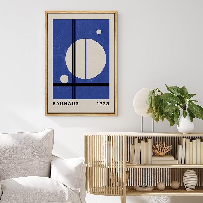 MUDECOR Framed Canvas Print Wall Art Mid-Century Bauhaus 1960s Blue White Circle Shapes Abstract Illustrations Modern Art Multicolor Relax/Calm for Living Room, Bedroom, Office - 24"x36" Natural