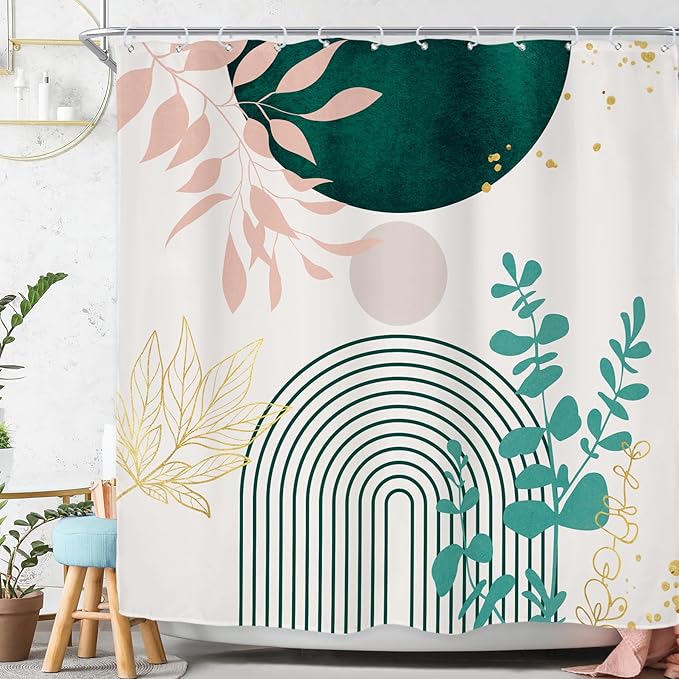 Riyidecor Sage Green Pink Boho Shower Curtain for Bathroom Decor 72Wx72H Mid Century Modern Leaves Contemporary Bohemian Arch Art Printed Fabric Polyester Waterproof 12 Pack Plastic Hook
