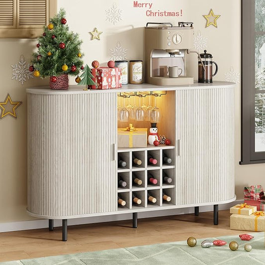 ONBRILL 55" Wine Bar Cabinet with Storage, Fluted Liquor Bar for Home, Coffee Bar Cabinet with Wine Rack and Glass Holder, Buffet Sideboard with LED Lights for Kitchen Living Dining Room Natural White