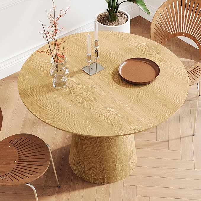 JUSTONE 43.3" Round Dining Table for 4-6,Wood Farmhouse Rustic Kitchen Table with Mid-Century Modern Pedestal Base, Natural Finish for Dining Room/Kitchen/Living Room(Natural)