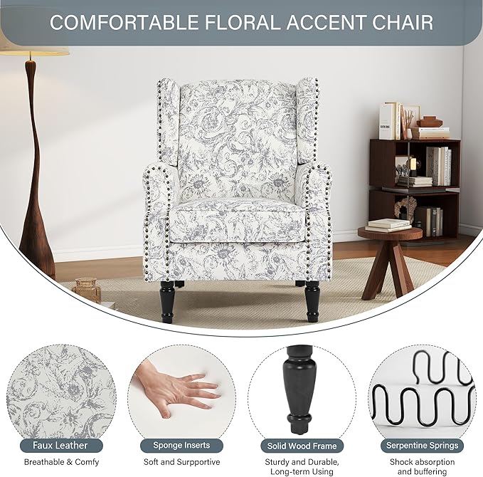 High Back Floral Accent Chairs Set of 2, Fabric Wingback Chair Upholstered Armchair for Living Room - Rococo Light Gray