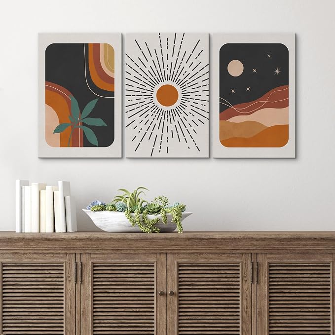 wall26 Canvas Print Wall Art Set Boho Mid-Century Colorful Sun Moon Landscapes Nature Abstract Illustrations Modern Art Bohemian Decorative for Living Room, Bedroom, Office - 16"x24" x 3
