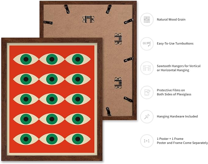 Poster Master Bauhaus Poster - Red Evil Eye Print - Graphic Design Art - Eye Art - Geometric Art - Chic Boho Art - Mid Century Modern Art - Living Room or Bedroom Wall Decor - 11x14 Brown Framed