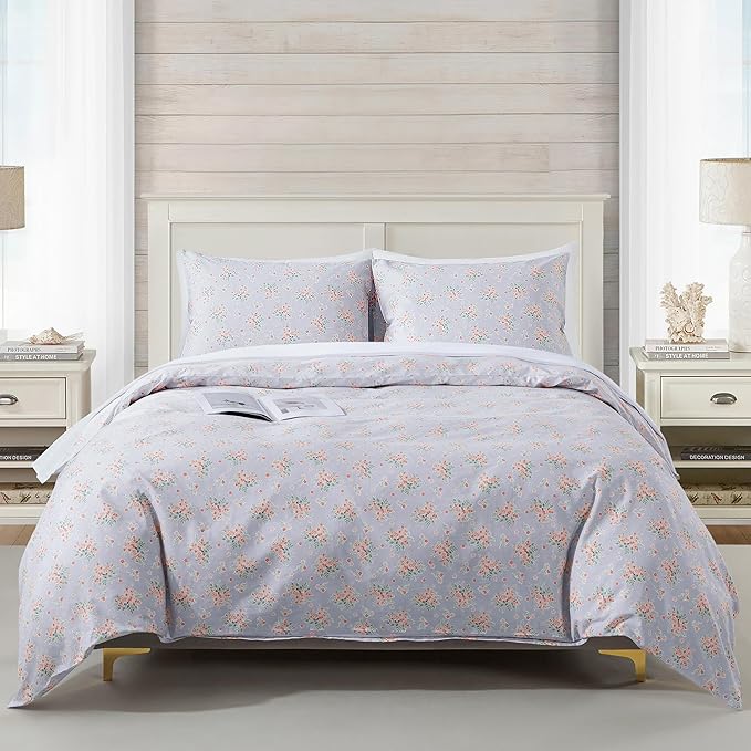 HoneiLife Wildflower Duvet Cover Queen - 100% Cotton Comforter Cover Sets, 3-PC Floral Duvet Cover Sets, Botanical Bedlinen Set with Zipper Closure & Corner Ties