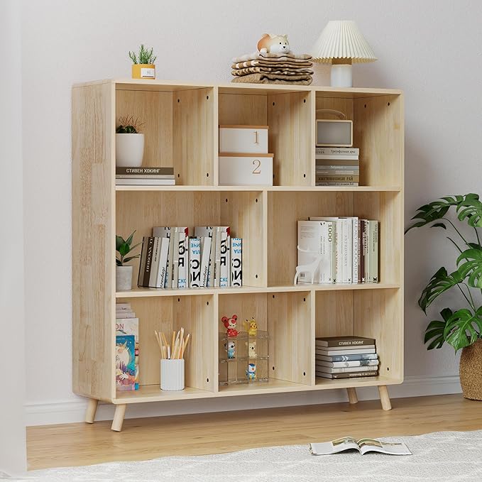 YZU Wood Book Shelf, 44” Wide Bookshelf Bookcase, 8 Cube Storage Organizer, Rustic Display Shelf, Home Office Furniture, Natural Wood (Natural B)