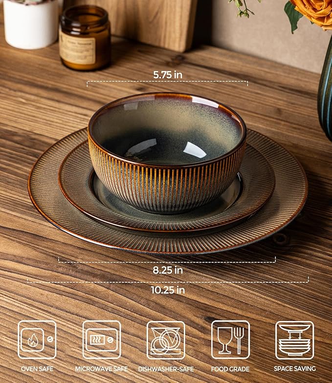 TheTerra Stoneware Dinnerware Sets for 4, 12 Pieces Ceramic Plates and Bowls Sets, Scratch Resistant Embossed Dish Set, Oven, Microwave & Dishwasher Safe, Coca Mocha