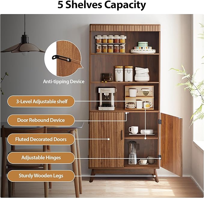 68" Fluted Tall Bookcase with Storage Cabinet,Mid-Century Modern 5-Tiers Arched Bookshelf Cabinet with Doors, Arched Bookcase with Open Display Storage Shelf for Home Office Bedroom Living Room,Walnut