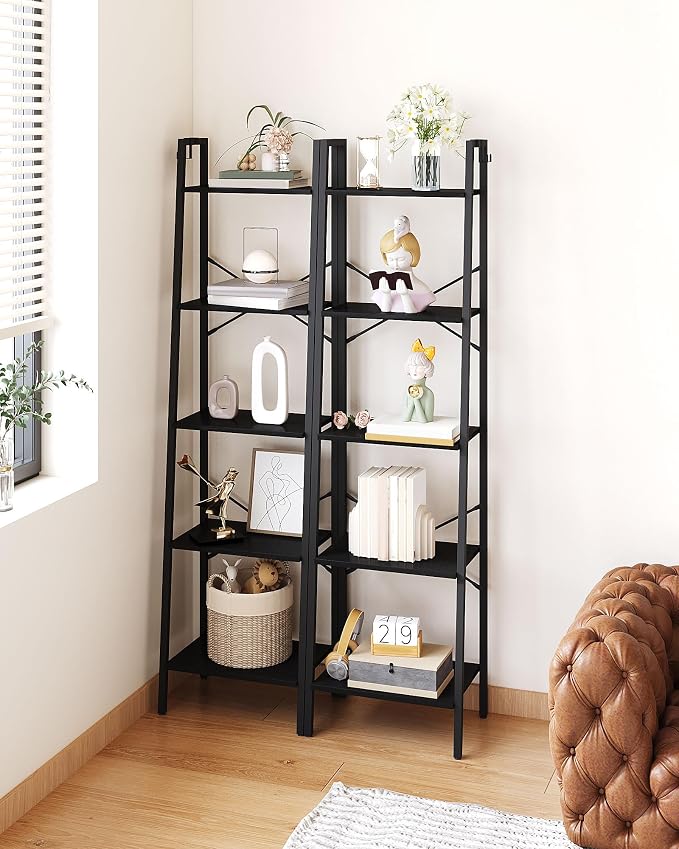 Hzuaneri Ladder Shelf, Bookshelf Bookcase, Freestanding Corner Storage Shelve with 2 Hooks for Home Office, Living Room, Kitchen, Bedroom, Industrial, 11.8" D x 17.3" W x 63" H, Black BC19204B