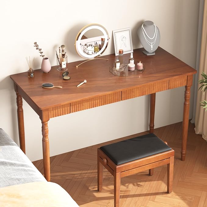 Solid Wood Desk with 2 Drawers - 47.2" Mid Century Modern Desks, Small Wooden Vintage Writing Desk, Fluted Design Walnut Home Office Computer Desks, Gaming Study Vanity Table for Living Room, Bedroom