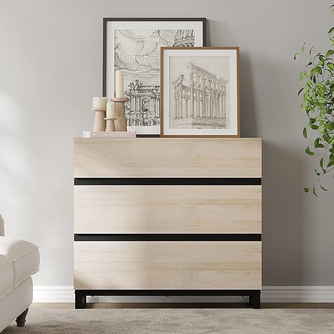 WAMPAT Dresser for Bedroom, Closet Organizers and Storage with 3 Drawers, Chest of Drawers with Metal Base, Modern Wood Dresser for Living Room, Hallway, Entryway, Light Oak