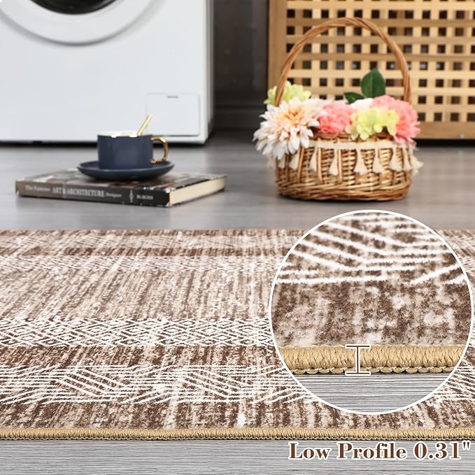 GarveeHome Washable 2.5x10 Kitchen Runner Rug, Easy Clean Geometri Rugs for Hallway Entryway, Indoor Outdoor Non Slip Rug Farmhouse Morden Carpet Door Mat Area Rug for Laundry Room Brown