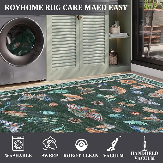 Washable 9x12 Black Area Rugs Living Room Large Rug Boho Vintage Floral Carpet Soft Bedroom Indoor Floor Mats Non-Slip Farmhouse Rustic Style Carpet for Nursery Dining Room Home Decor Office, Black