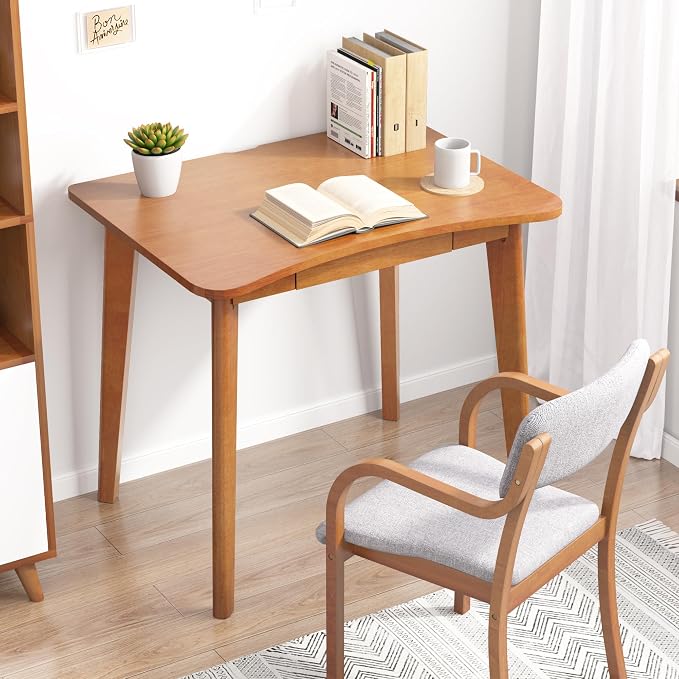 100% Solid Wood Desk with Drawers - 32 x 24 Inch Home Office Computer Desks, Modern Writing Desk with Drawers, Simple Study Table Makeup Vanity - Walnut Vintage Desks