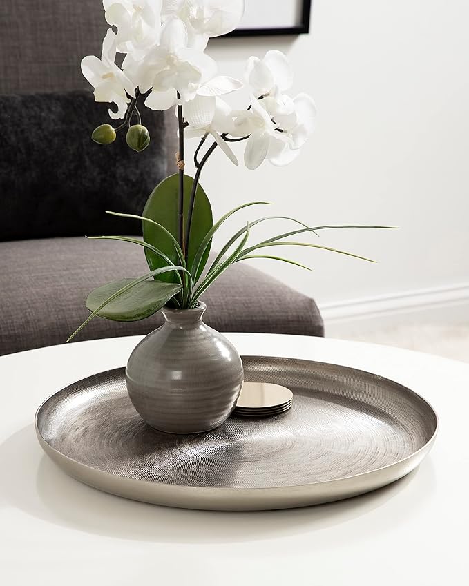 Kate and Laurel Stovring Round Modern Decorative Tray; 17 Inch Diameter; Silver; Contemporary Decor Tray for Serving; Storage; and Display