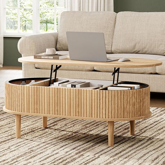 BREEZEHEAT Fluted Lift Top Coffee Table, 39" Oval Coffee Table with Storage, Hidden Compartment & Fully Assembled Centre Table Oval Lift Tabletop for Living Room, Small Space, Home Office, Natural