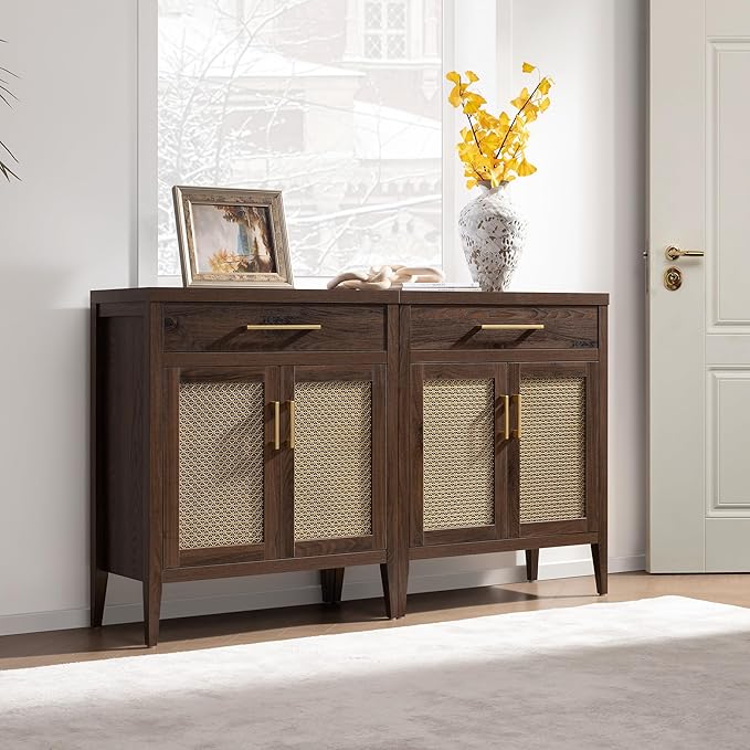 SICOTAS Buffet Cabinet Set of 2 - Modern Sideboard Cabinet Tall Credenza with Drawers & Metal Mesh Doors, Accent Buffet Table Coffee Bar for Living Room Dining Room Entryway, Espresso Walnut