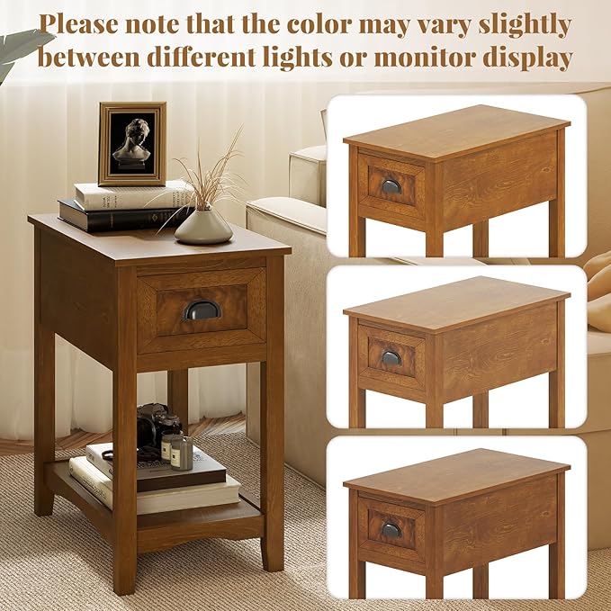 Giantex End Table with Drawer, Retro Narrow Side Table, Nightstand with Solid Wood & Storage Shelf, Bedside Table for Living Room Bedroom Small Space Home Office (1, Tawny)