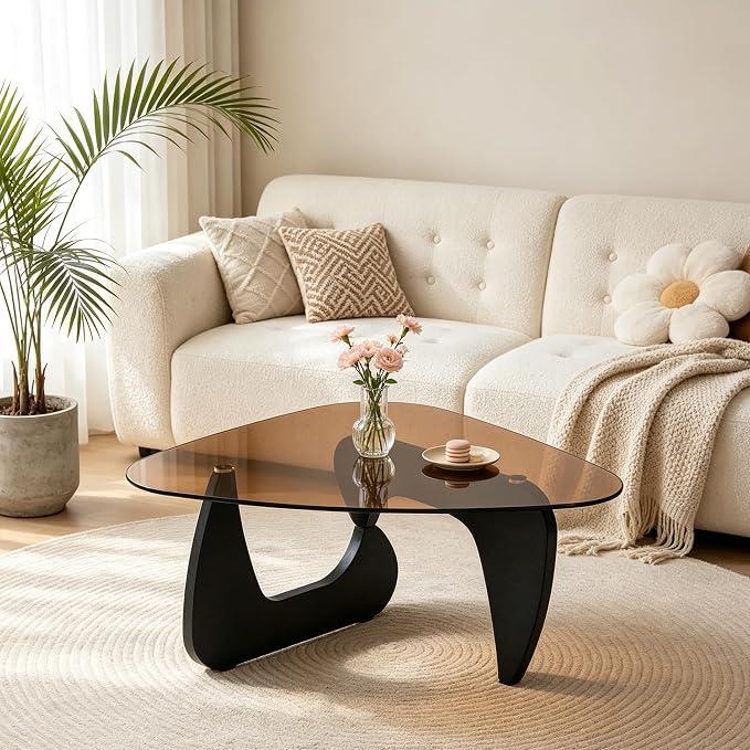 35.8'' Modern Brown Glass Coffee Table with Geometry Base, Triangle Shape Coffee Table for Living Room Office, Black Finish Wood Base, Mid-Century Style Cocktail Center Table for Small Space