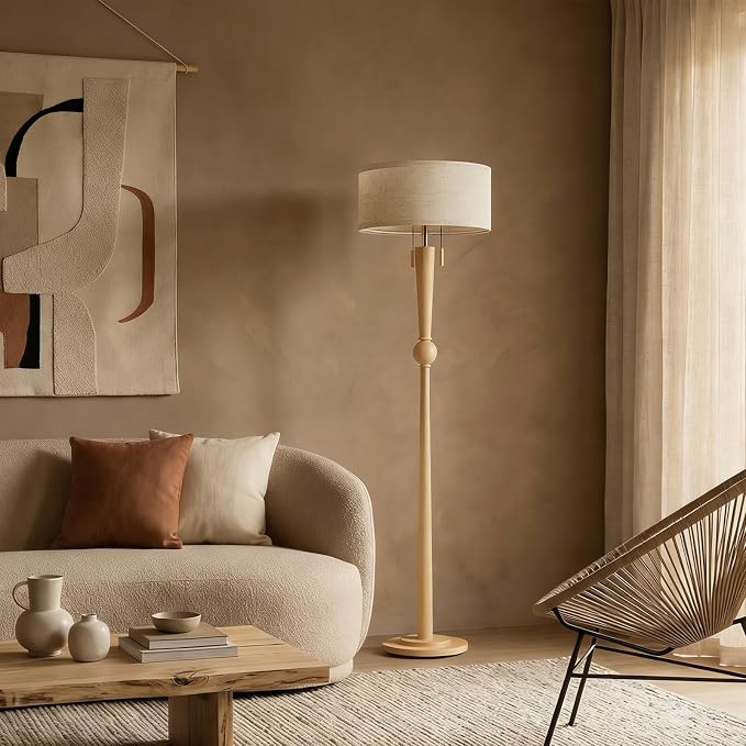 MOFFE 62.8" Solid Wood Floor Lamp,Tall Standing Floor Lamp with 2-Light Pull Chain, 17" Linen Drum Shade, Sculptural Wood Base & Stem,Transitional Floor Lamp for Living Room Bedroom, Includes 2 Bulbs