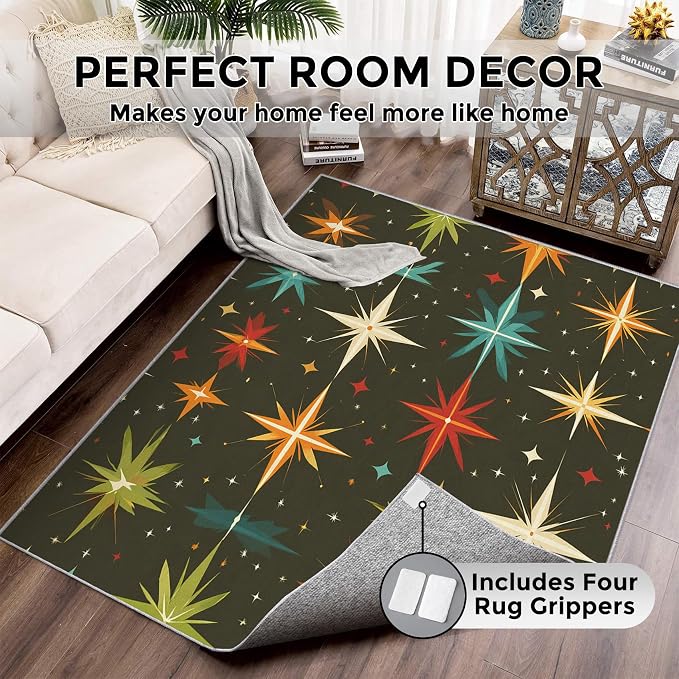 Atomic Rugs for Bedroom 4x5 ft, Abstract Starburst Area Rugs for Living Room, Washable Non Slip Low Pile Mid Century Modern Carpet, Home Decor PF-P 107