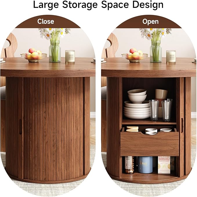 47 inch Round Dining Table for 4, Circle Kitchen Table with 2-Layer Storage Shelf and a Drawer, Modern Farmhouse Dinner Tables with Sliding Door and Wood Strip Base for Kitchen, Living Room (Walnut)