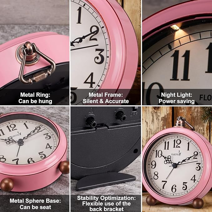 FLOITTUY 4.5" Battery Operated Antique Retro Analog Metal Alarm Clock, Silent Bedside Desk Clock, Wall-Hanging Vintage Clock(Vintage Pink)