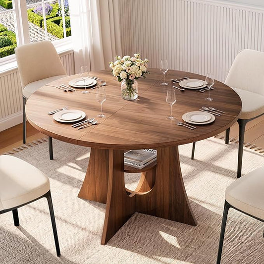 47" Round Dining Table for 4-6, Space-Saving Dining Room Table with Thick Tabletop and Sculptural Base, Wood Grain Dinner Table with Storage Shelf for Kitchen, Dining Room, Living Room, Walnut