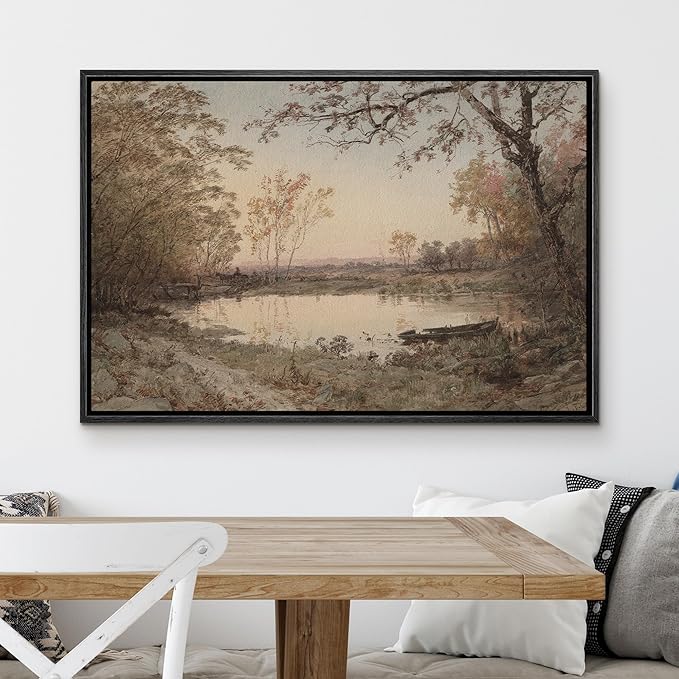 MUDECOR Framed Canvas Print Wall Art Rustic Country Farmhouse Forest Lake Nature Wilderness Antique Retro Fine Art Shapes Illustrations Decorative Colorful Multicolor for Bedroom - 16"x24" Black