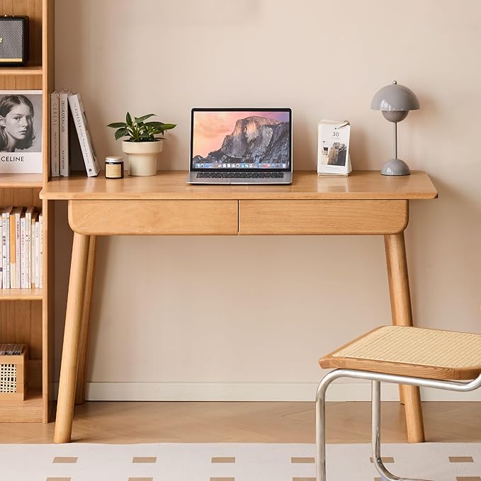 100% Solid Wood Desk, Mid Century Home Office Desk, Modern Computer Desk with Drawer for Writing Study Vanity 41.33" W