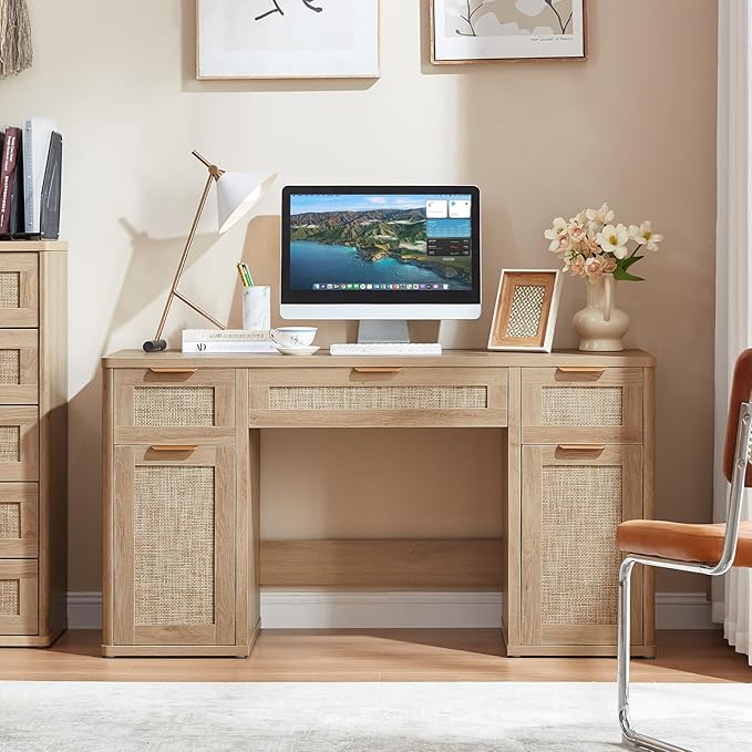 LEYAOYAO 56'' Rattan Farmhouse Executive Desk with Drawers, Wood Home Office Desk with File Cabinet and Metal Handles, Large Vintage Computer Desk for Home, Bedroom, Living Room （Natural）