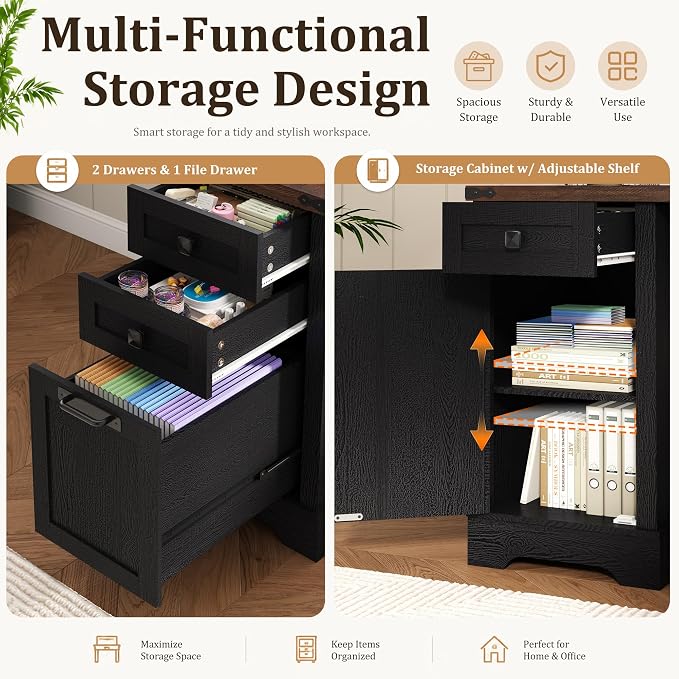 Squireewo 68.9'' Farmhouse L Shaped Desk with Drawers, Wood Executive Home Office Desk with Charging Station, File Drawers and Storage Cabinet, Computer Corner Desk for Work, Study and Writing, Black