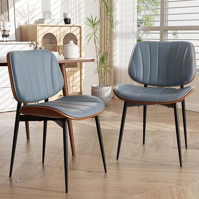 Dining Chairs Set of 2, Mid Century Modern Dining Room Chair, Upholstered Faux Leather Kitchen Chairs with Walnut Bentwood Back and Metal Legs for Kitchen Dining Room Living Room, Blue
