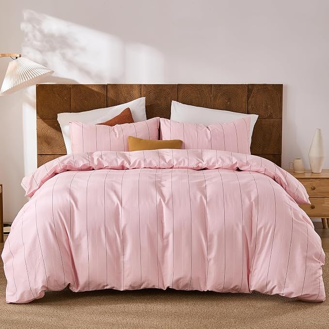 Merryword Pink Striped Duvet Cover Set Queen Size - 100% Cotton Bedding Set with Wide Zipper & 8 Corner Ties, Soft Breathable Bedding Set Elegant Pastel Comforter Cover for All Seasons
