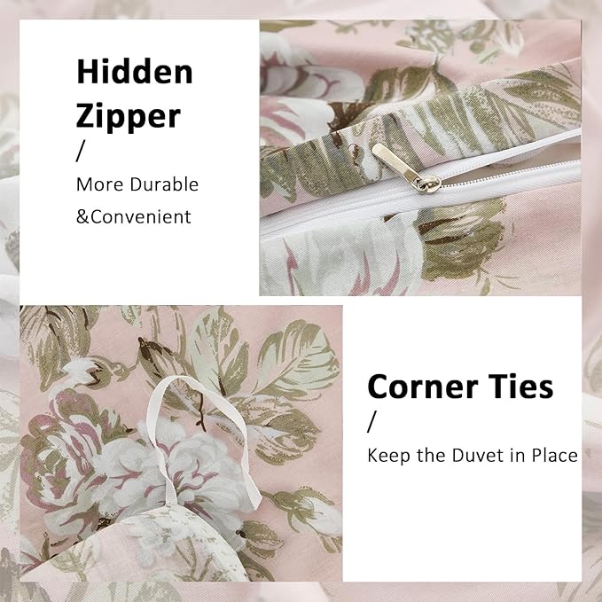 Floral Duvet Cover Queen Size Soft 100% Nature Cotton Vintage Style Pink Bedding Set with Zipper Closure 3 Pcs Cottagecore Botanical Duvet Cover, Ultra Soft, Breathable