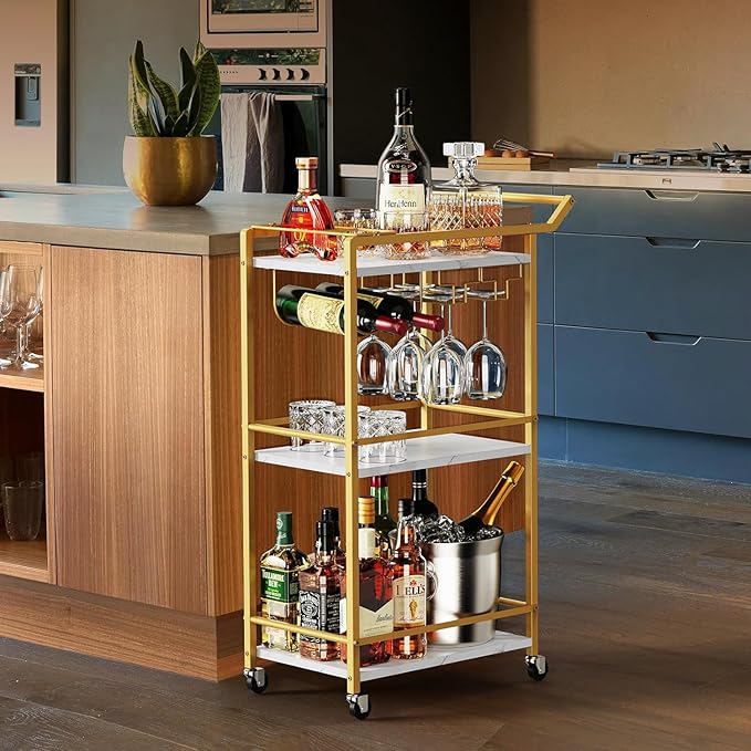 LOTEYIKE 3 Tier Bar Cart, Mini Liquor Utility Cart for Wine Beverage Dinner Party, Rolling Wine Coffee Drink Serving Cart with Lockable Wheels for Home Kitchen Bars (Gold)
