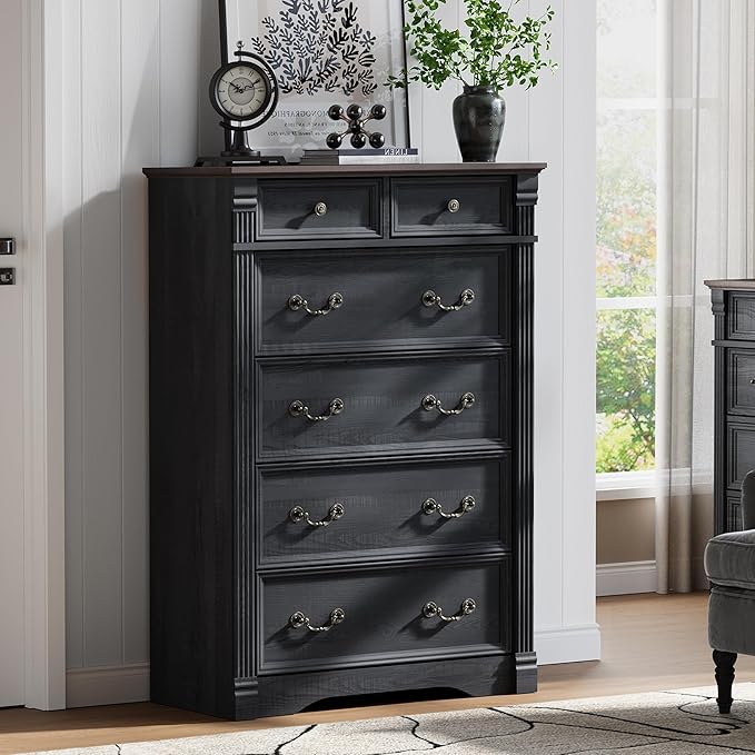 Black 6 Drawers Dresser, 47" Tall Dresser for Bedroom, Wood Rustic Tall Chest of Drawers with Chic Wood Pilasters, Farmhouse Dressers Organizer for Bedroom, Hallway