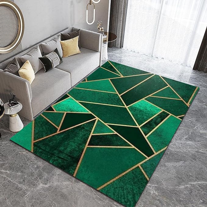 6x8 Area Rugs Emerald Green Gold Geometry Home Decor Rug, Golden Line Art Geometry Easy Clean Carpet for Living Room Bedroom Kitchen Dining Room Home Office Floor Rug