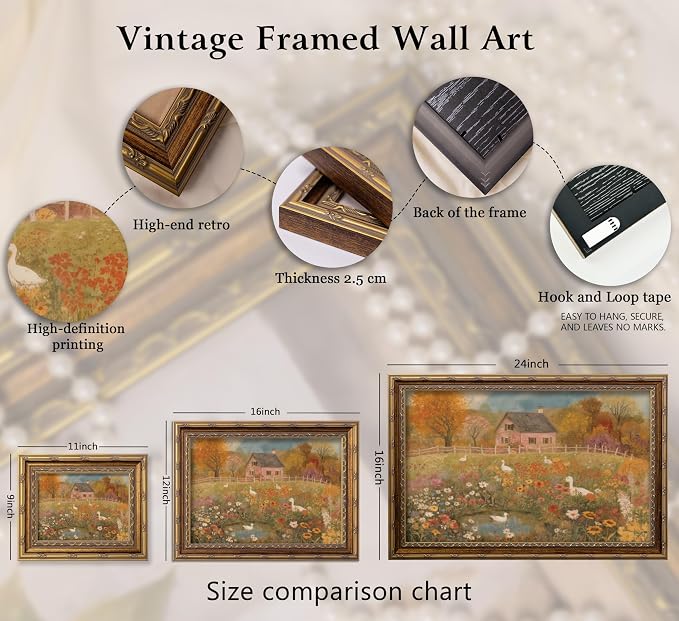 Vintage Gold Framed Autumn Country Cottage with Ducks Wall Art, Rustic Farmhouse Flower Garden Canvas Prints, Retro Fall Farm Scene Painting Poster Artwork for Living Room Kitchen Wall Decor,9x11in