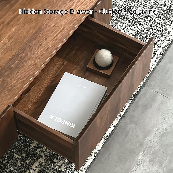Luxury Wood Coffee Table with Hidden Drawer, Easy Installation Square Center Table for Living Room, Raised Edge Design, Premium Walnut Finish (35.43" Square Coffee Table)