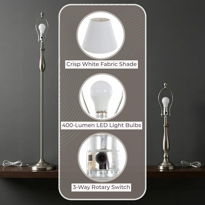 3-Piece Home Lighting Set - Coordinating Bundle with 2 Table Lamps and 1 Floor Lamp for Home and Office Decor by Lavish Home (Silver)