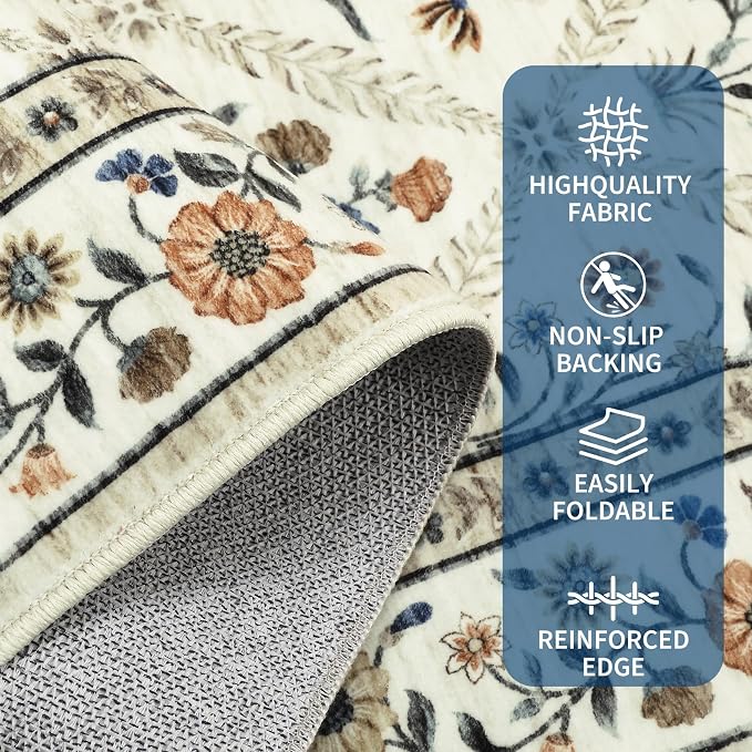 GarveeHome Floral Washable Entryway Rug Non-Slip 2x3 Front Door Mat Vintage Low-Pile Small Area Rugs Soft Non-Slip Indoor Stain Resistant Entry Mat for Entrance Bedroom Bathroom Beige
