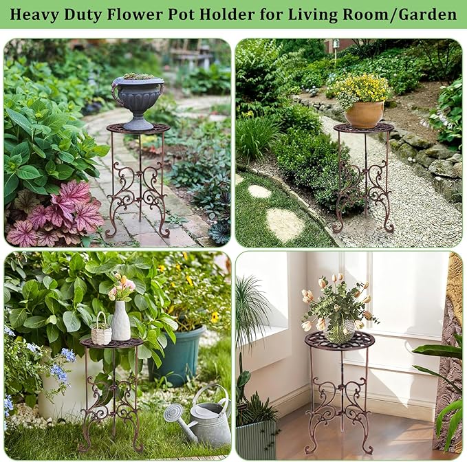 OwnMy Cast Iron Tall Plant Stand Heavy Duty Vintage Wrought Iron Flower Pot Holder, Decorative 1-Tier Potted Plant Holder Rack, Indoor Outdoor Large Metal Plant Stand for Patio Garden, Red Bronze