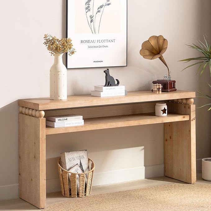 Wood Console Table, 59" Retro Narrow Long Sofa Table Behind Couch with with Open Shelf and Engineered Wood Finish for Hallway Entryway Living Room Entrance, Natural
