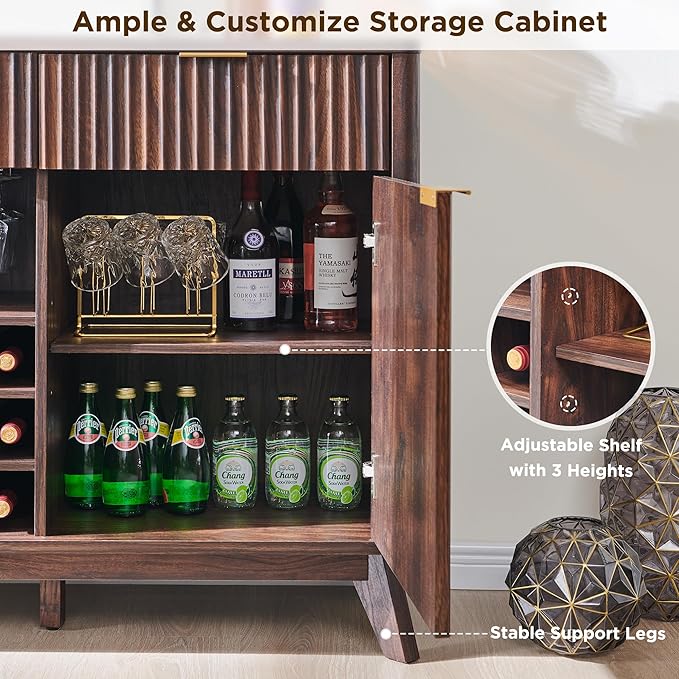 OKD 60" Fluted Wine Bar Cabinet, Modern Wood Coffee Bar Cabinet - 3 Storage Drawers, 2 Side Cabinets with Adjustable Shelf, Racks for Wine & Glass/Mug, Sideboard for Kitchen, Dining Room, Walnut