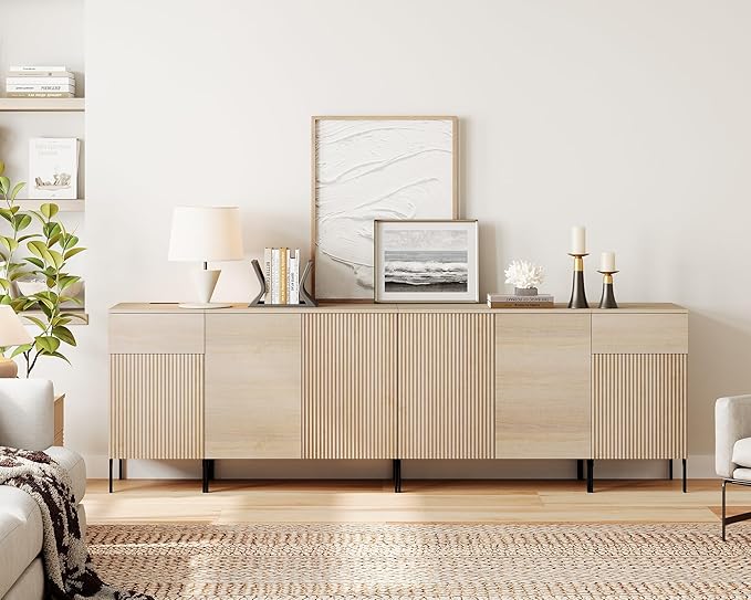 WAMPAT 94.5" Buffet Sideboard Cabinet with 2 Drawers & 6 Doors,4-in-1 Fluted Storage Credenza with Charging Station,Modern Buffet Table Coffee Bar Wine Bar Cabinet for Dining Room, Living Room,Beige