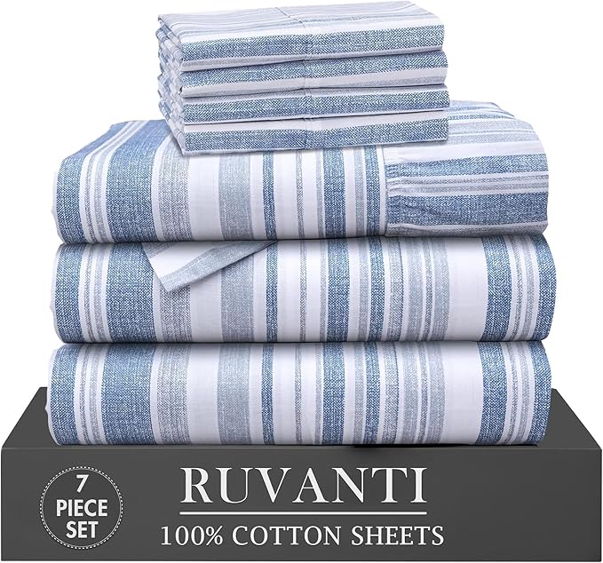 RUVANTI 100% Cotton Percale Sheets Split King Size 7 Piece Set, Cooling Bed Sheets for Hot Sleepers, Deep Pocket 16”, Breathable Lightweight & Durable, Crisp Hotel Style Sheets, Naval Blue